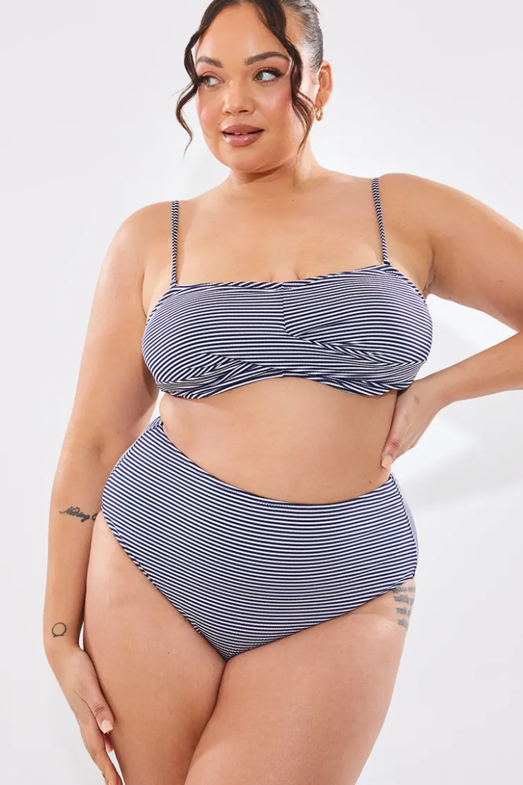 In The Style Sculpt And Control Stripe Waisted Full Coverage Bikini Bottom Blue
