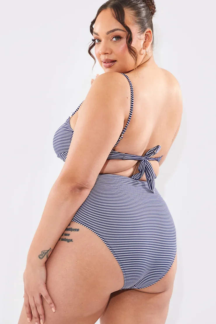 In The Style Sculpt And Control Stripe Waisted Full Coverage Bikini Bottom Blue