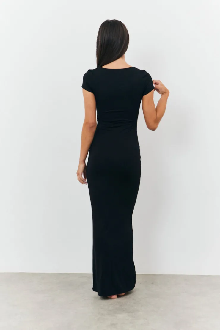 Hot Fits Sculpting Cap Sleeve Maxi Dress Black