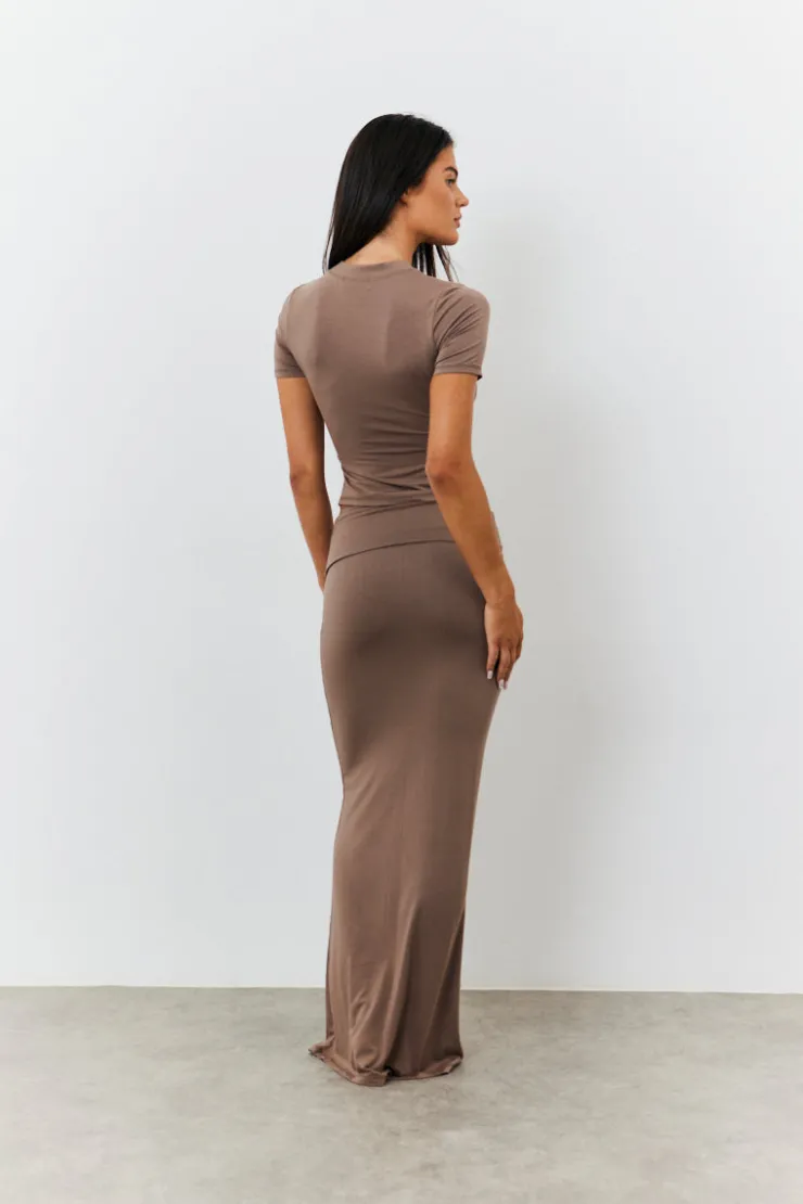 Outlet Fits Sculpting Fold Over Waistband Maxi Skirt Mocha