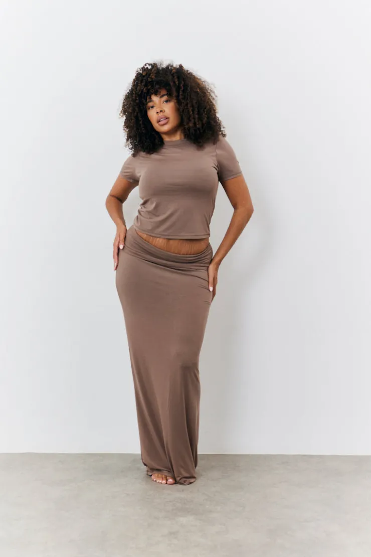 Outlet Fits Sculpting Fold Over Waistband Maxi Skirt Mocha