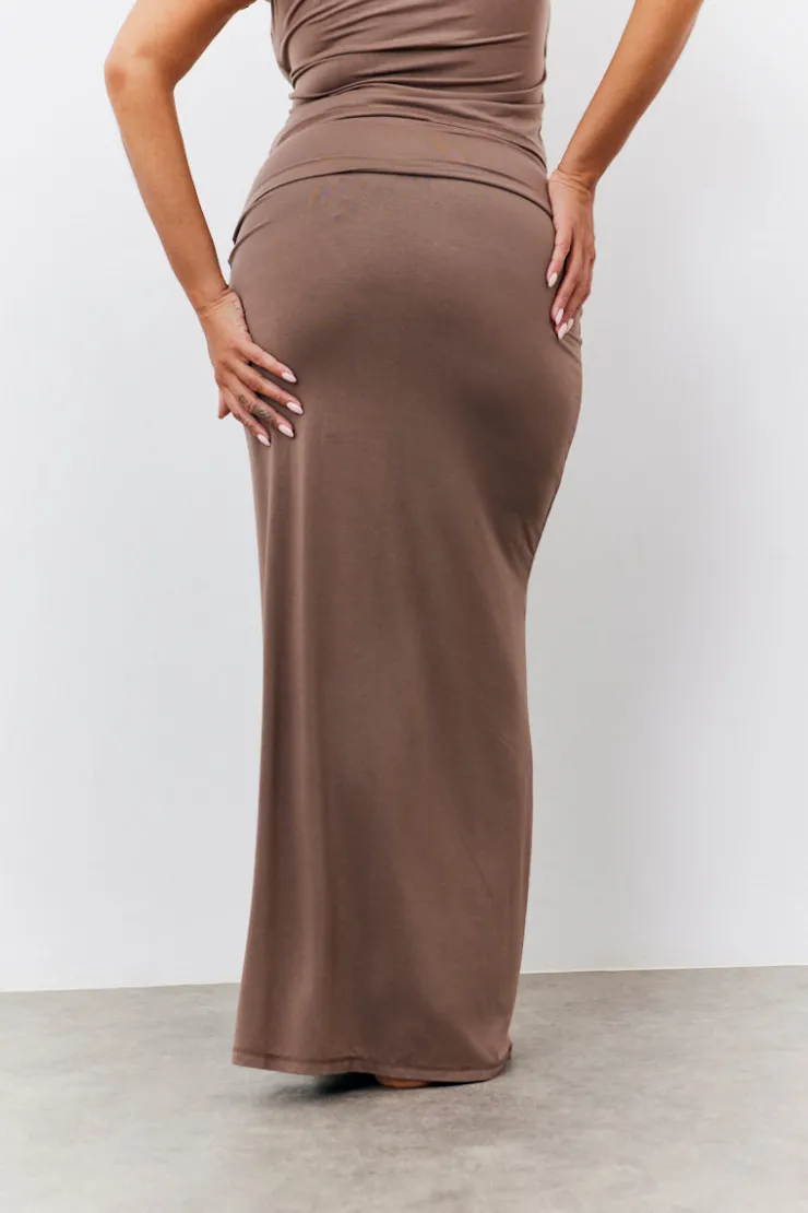Outlet Fits Sculpting Fold Over Waistband Maxi Skirt Mocha