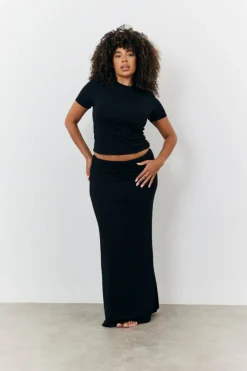 Best Fits Sculpting Fold Over Waistband Maxi Skirt Black
