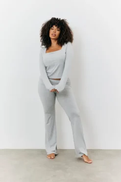 Discount Fits Sculpting Fold Over Waistband Flare Leg Trouser Grey
