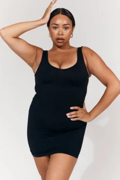 Best In The Style Seamless Plunge Neck Snatched Shapewear Mini Dress Black