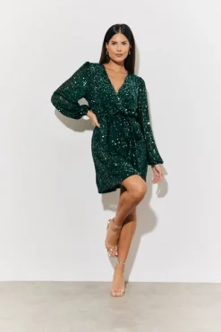 Clearance In the Style Sequin Balloon Sleeve Skater Mini Dress Green