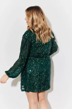 Clearance In the Style Sequin Balloon Sleeve Skater Mini Dress Green