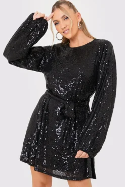 Best In the Style Sequin Belted Balloon Sleeve Mini Dress