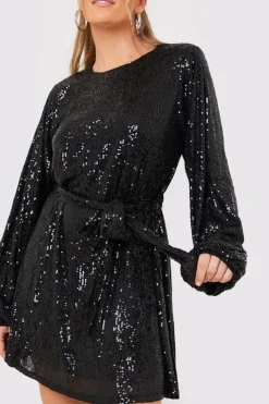 Best In the Style Sequin Belted Balloon Sleeve Mini Dress