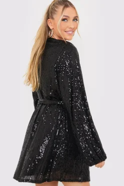 Best In the Style Sequin Belted Balloon Sleeve Mini Dress