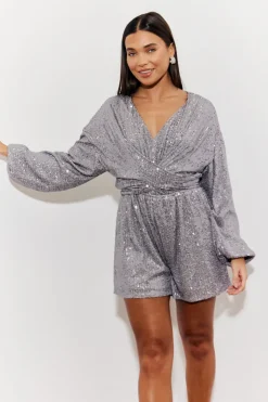 Outlet In the Style Sequin Multi Front Knot Playsuit Silver