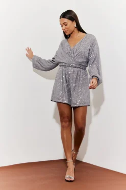 Outlet In the Style Sequin Multi Front Knot Playsuit Silver