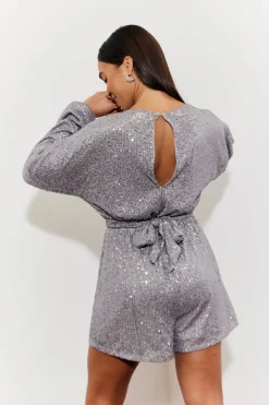 Outlet In the Style Sequin Multi Front Knot Playsuit Silver