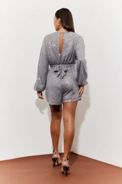 Outlet In the Style Sequin Multi Front Knot Playsuit Silver
