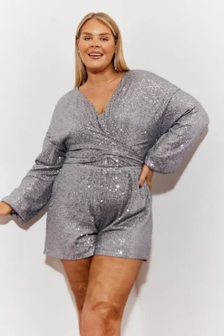 Outlet In the Style Sequin Multi Front Knot Playsuit Silver