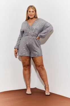 Outlet In the Style Sequin Multi Front Knot Playsuit Silver