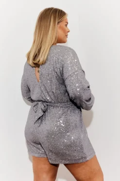 Outlet In the Style Sequin Multi Front Knot Playsuit Silver