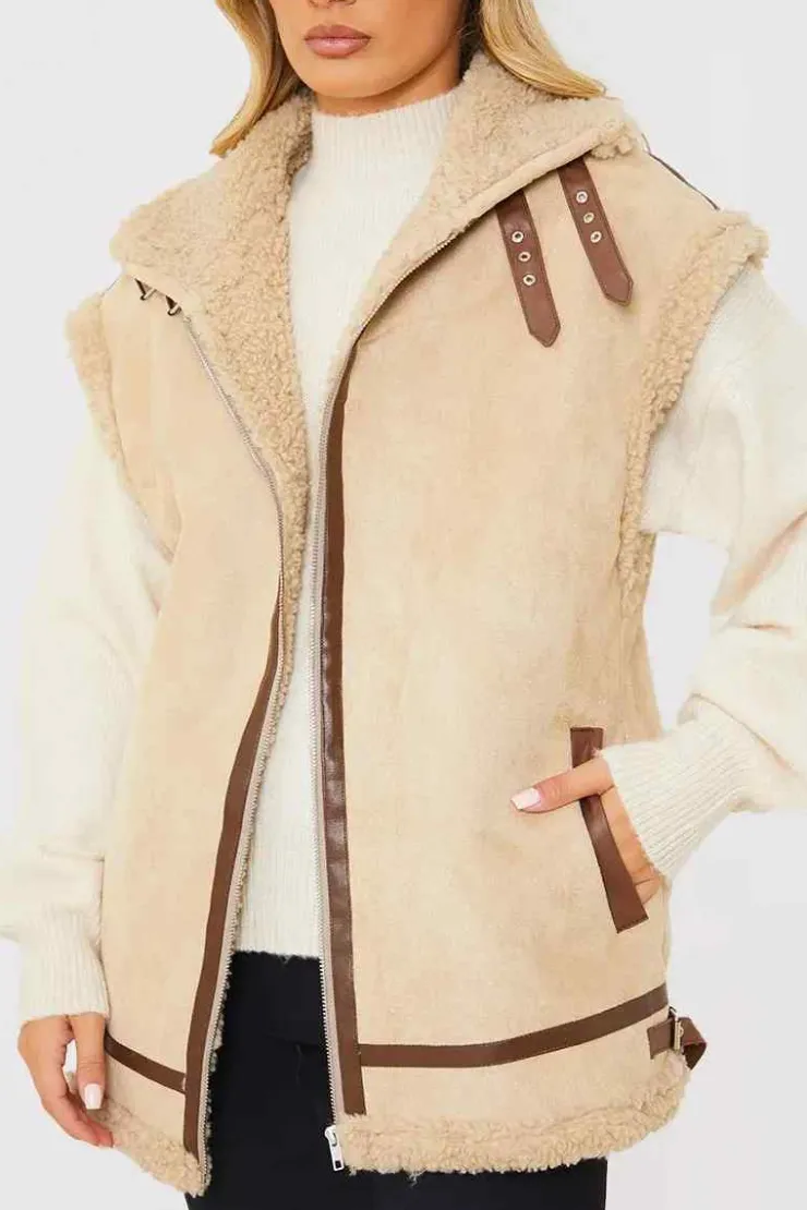 In the Style Shearling Sleeveless Aviator Gilet
