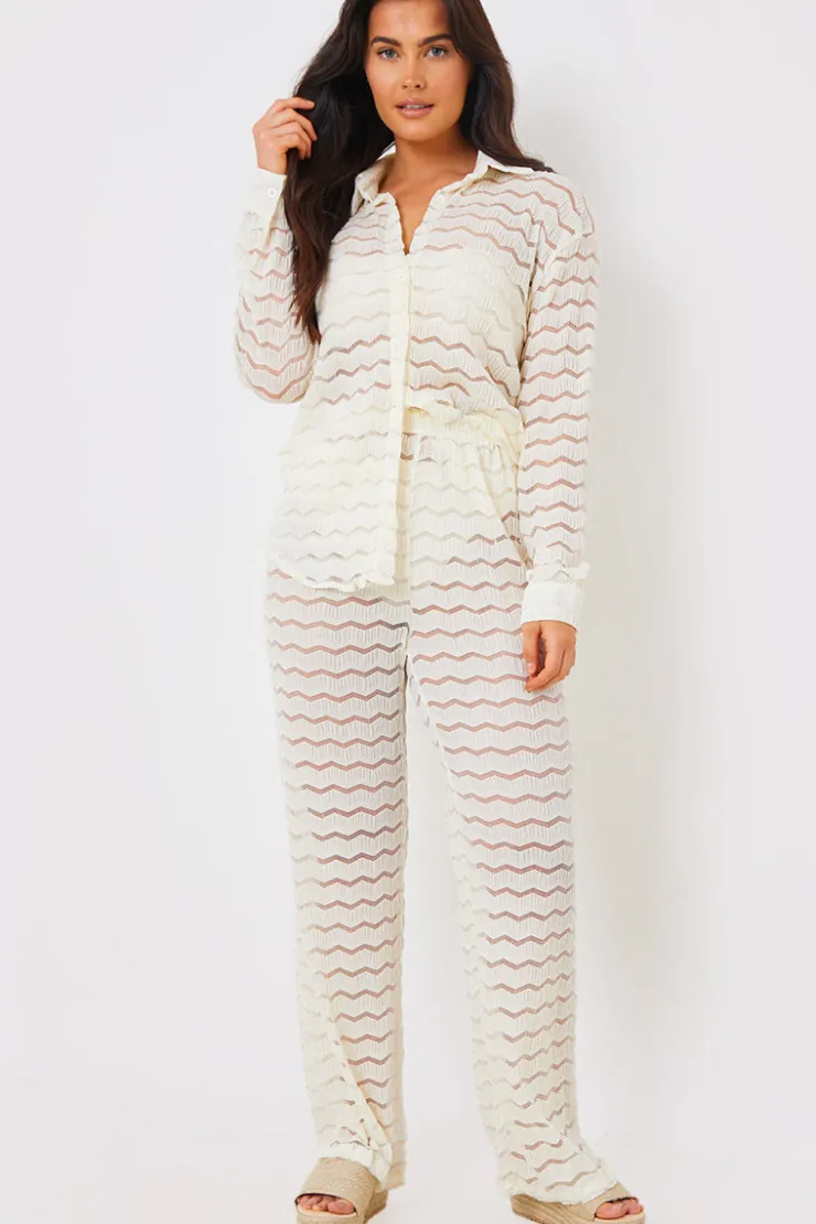 Best In the Style Sheered Chevron Wide Leg Trousers Cream