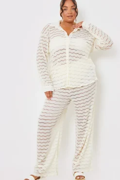 Best In the Style Sheered Chevron Wide Leg Trousers Cream