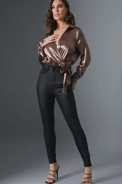 Hot In The Style Shimmer Wrap Bodysuit Gold