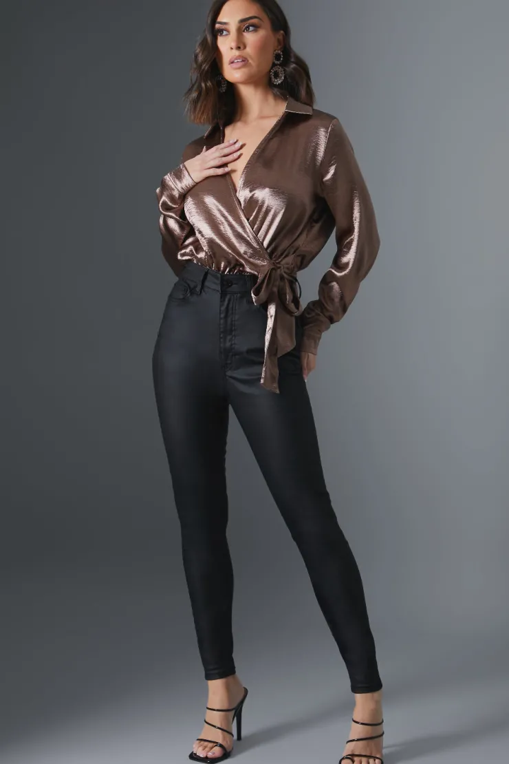 Hot In The Style Shimmer Wrap Bodysuit Gold
