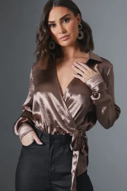 Hot In The Style Shimmer Wrap Bodysuit Gold