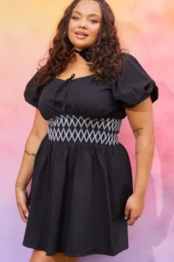 Discount In the Style Short Sleeve Milkmaid Dress With Embroidery Detail Black