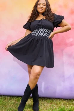 Discount In the Style Short Sleeve Milkmaid Dress With Embroidery Detail Black
