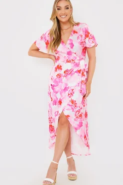 Hot In the Style Short Sleeve Satin Wrap Belted Midaxi Dress Multi