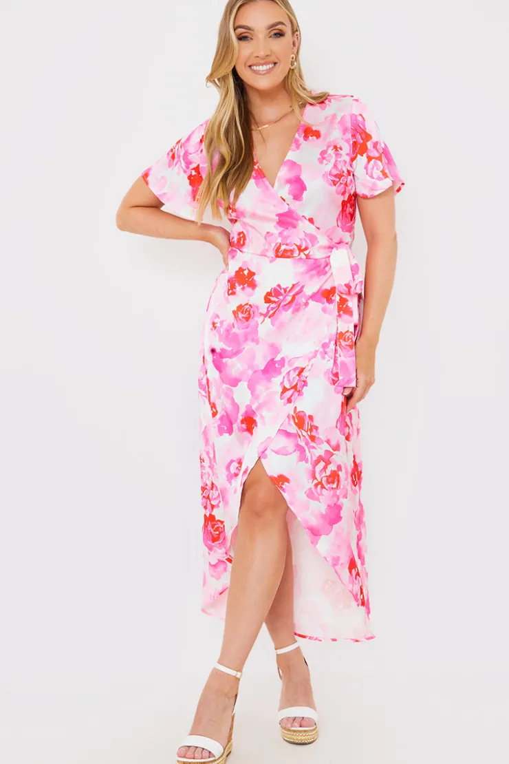 Hot In the Style Short Sleeve Satin Wrap Belted Midaxi Dress Multi