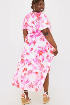 Hot In the Style Short Sleeve Satin Wrap Belted Midaxi Dress Multi