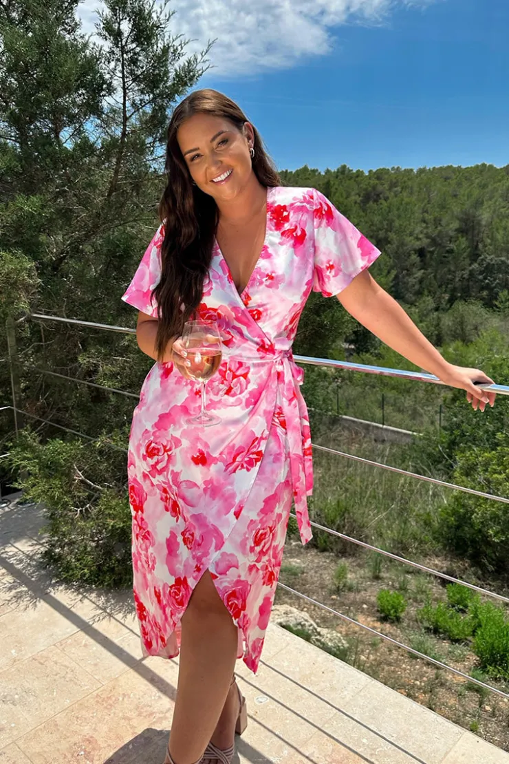 Hot In the Style Short Sleeve Satin Wrap Belted Midaxi Dress Multi