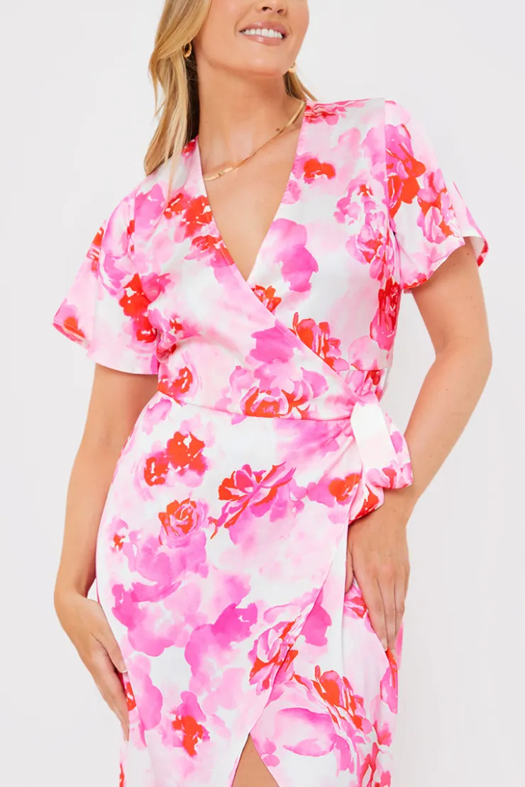 Hot In the Style Short Sleeve Satin Wrap Belted Midaxi Dress Multi