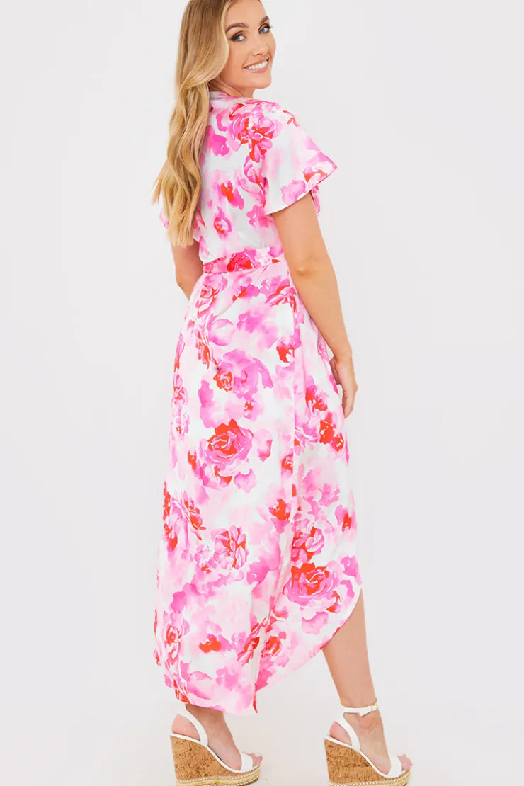 Hot In the Style Short Sleeve Satin Wrap Belted Midaxi Dress Multi