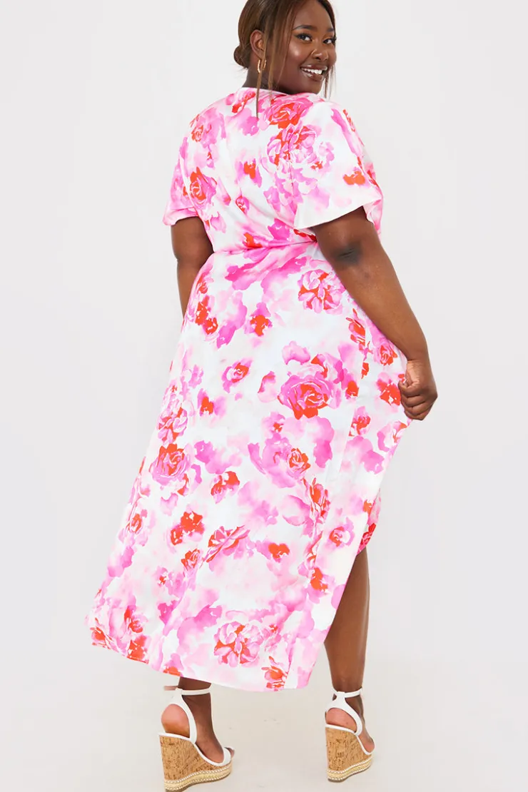 Hot In the Style Short Sleeve Satin Wrap Belted Midaxi Dress Multi