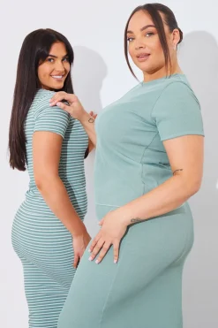 Best In The Style Short Sleeve Stripe Reversible Co-Ord Top Sage