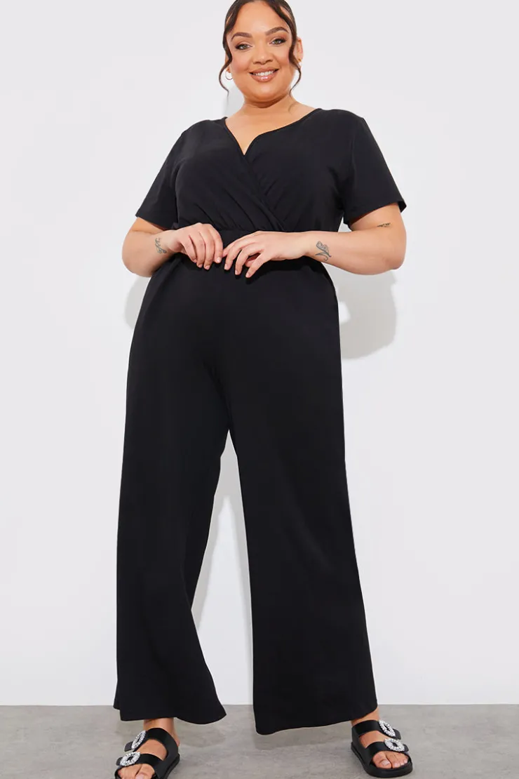 In The Style Short Sleeve Wrap Wide Leg Jumpsuit