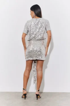 New In the Style Draped Sequin Mini Skirt Silver