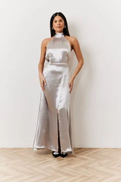 New In The Style Liquid Satin Halterneck Split Detail Maxi Dress Silver