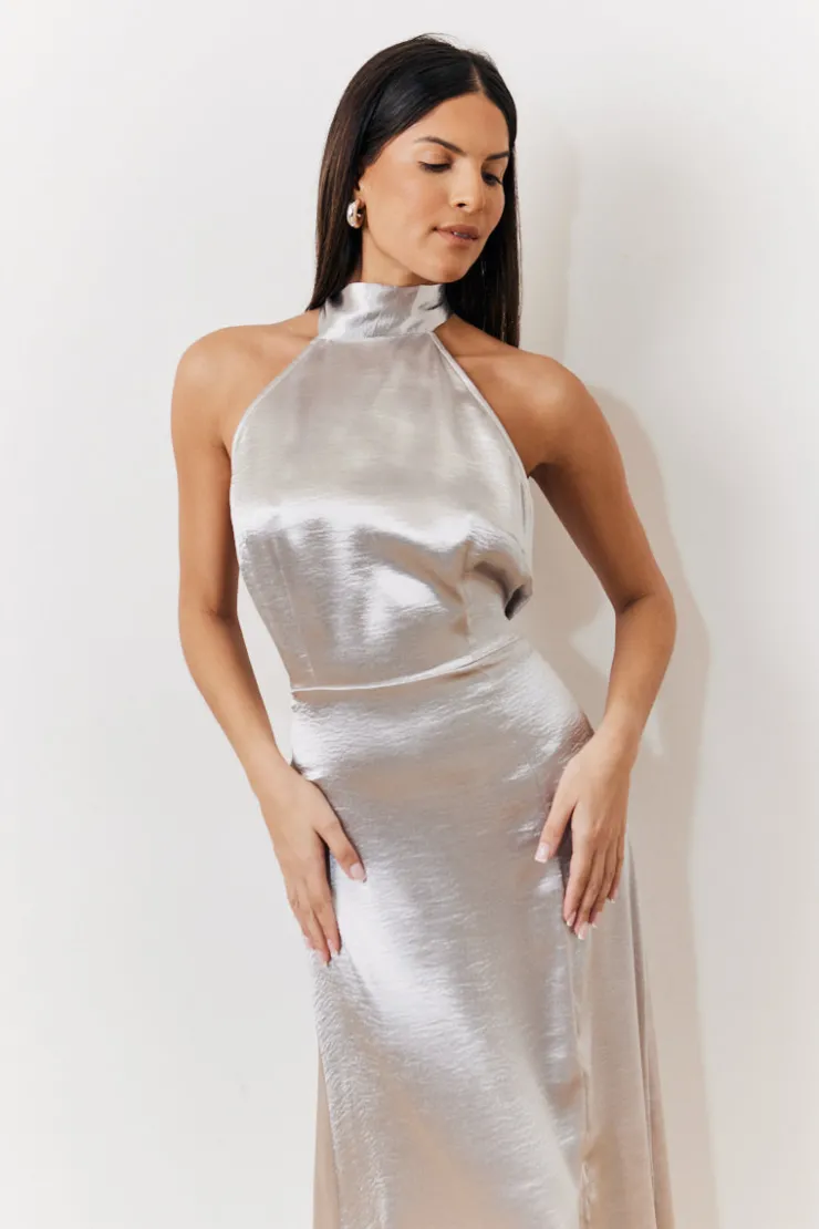 New In The Style Liquid Satin Halterneck Split Detail Maxi Dress Silver