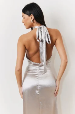 New In The Style Liquid Satin Halterneck Split Detail Maxi Dress Silver
