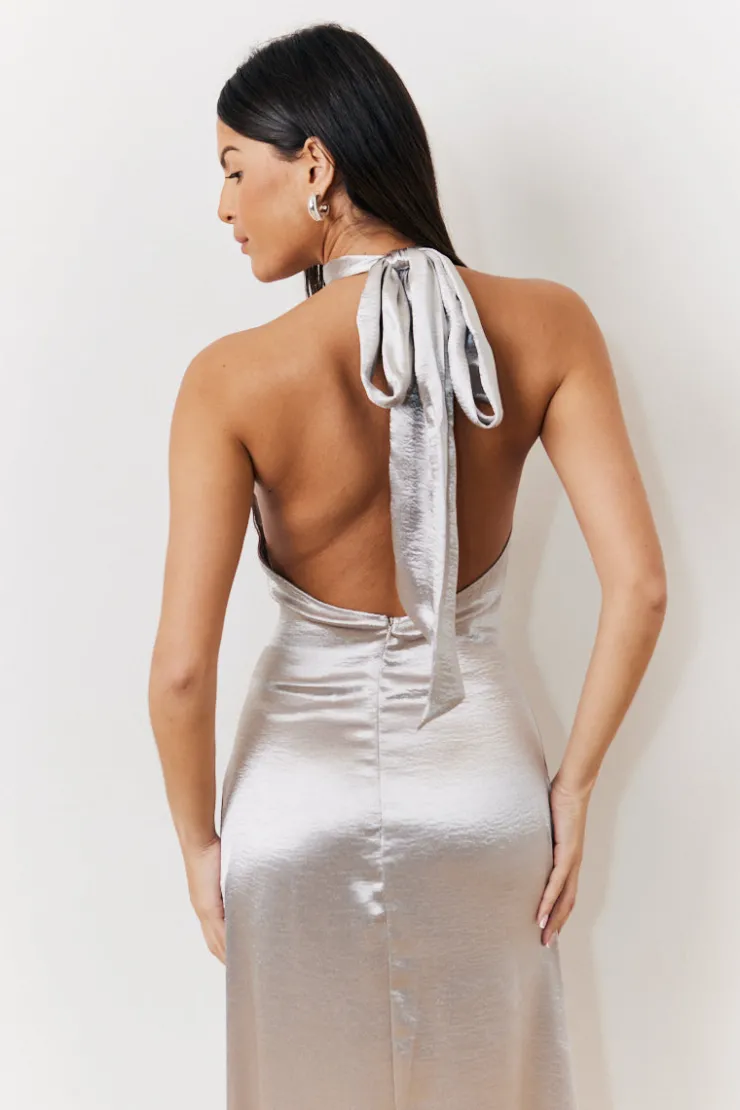 New In The Style Liquid Satin Halterneck Split Detail Maxi Dress Silver