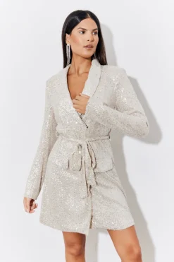 In the Style Sequin Belted Blazer Dress Silver