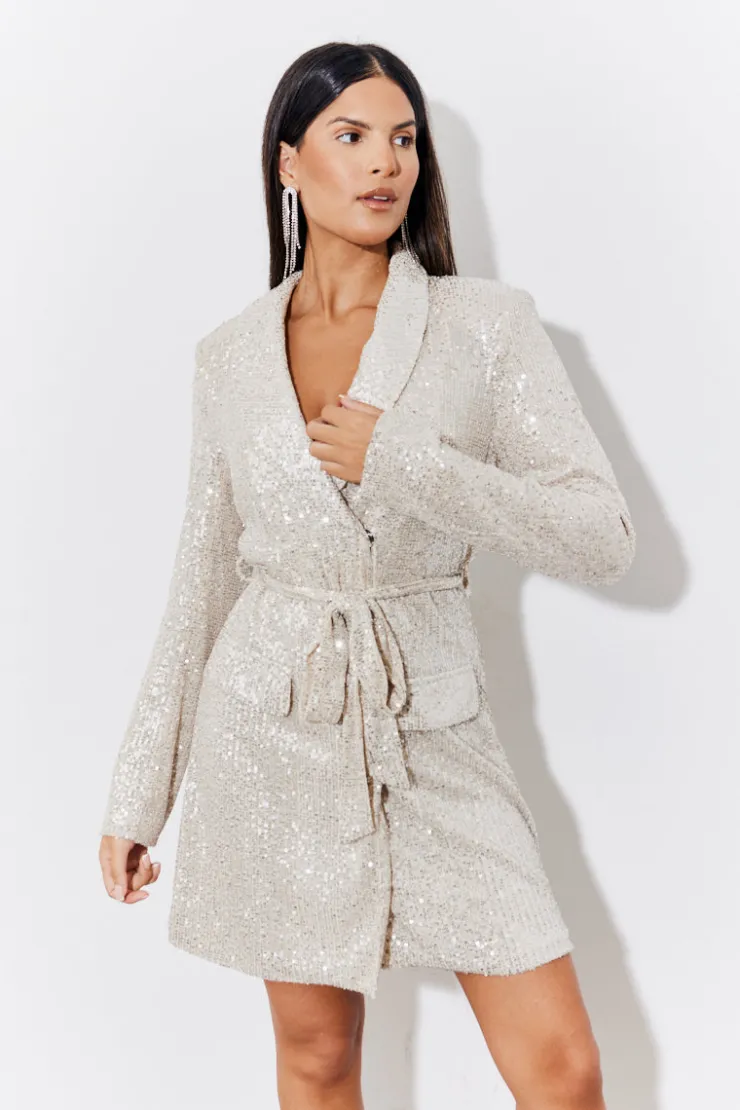 In the Style Sequin Belted Blazer Dress Silver
