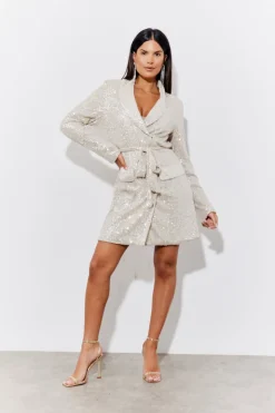 In the Style Sequin Belted Blazer Dress Silver
