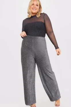 In the Style Sparkle Jersey Wide Leg Trousers Silver