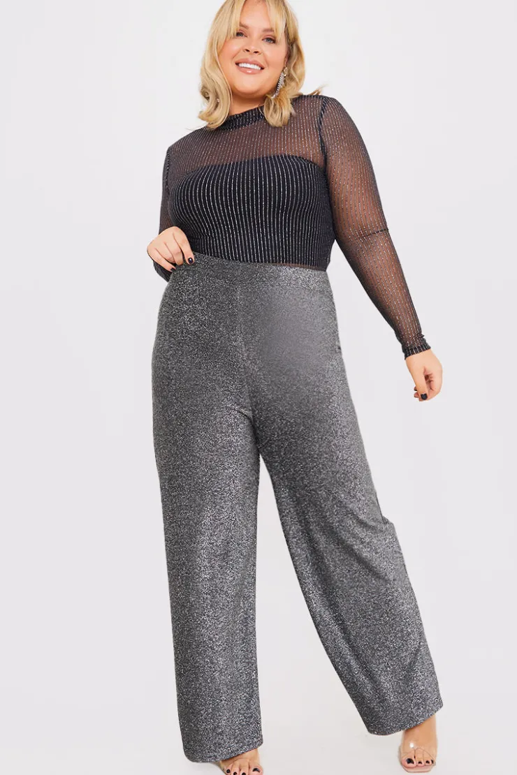 In the Style Sparkle Jersey Wide Leg Trousers Silver