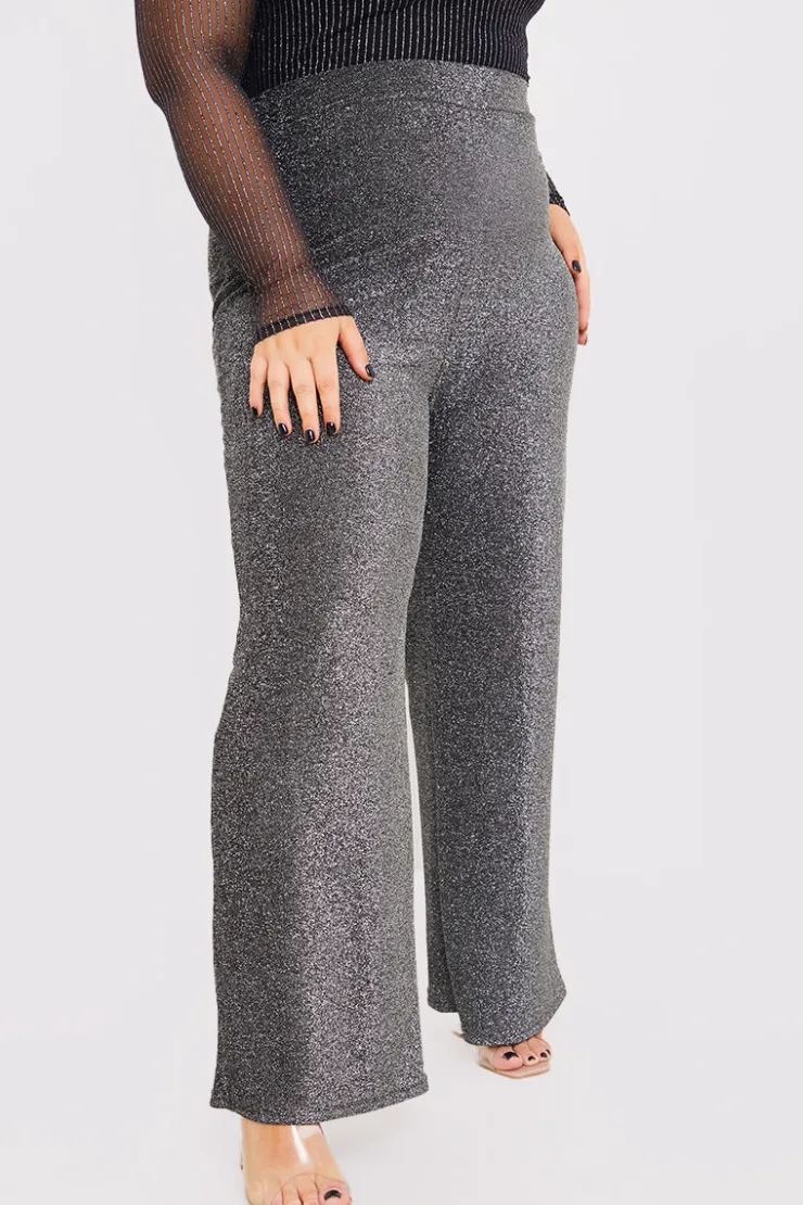 In the Style Sparkle Jersey Wide Leg Trousers Silver