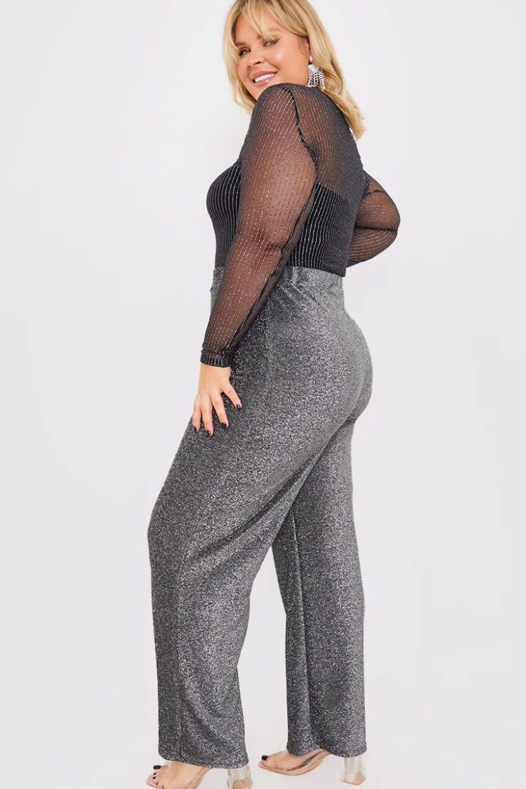 In the Style Sparkle Jersey Wide Leg Trousers Silver